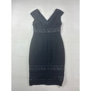 Adrianna Papell Black Lace T Sheath Dress V Neck Cap Sleeve Cocktail Valentines